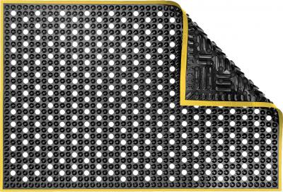 ESD Anti-Fatigue Floor Mat with Holes & 2,5 cm Yellow Bevel | Nitrile Conductive ESD | Black | 60 x 120 cm | Grounding Cord + Snap (15')